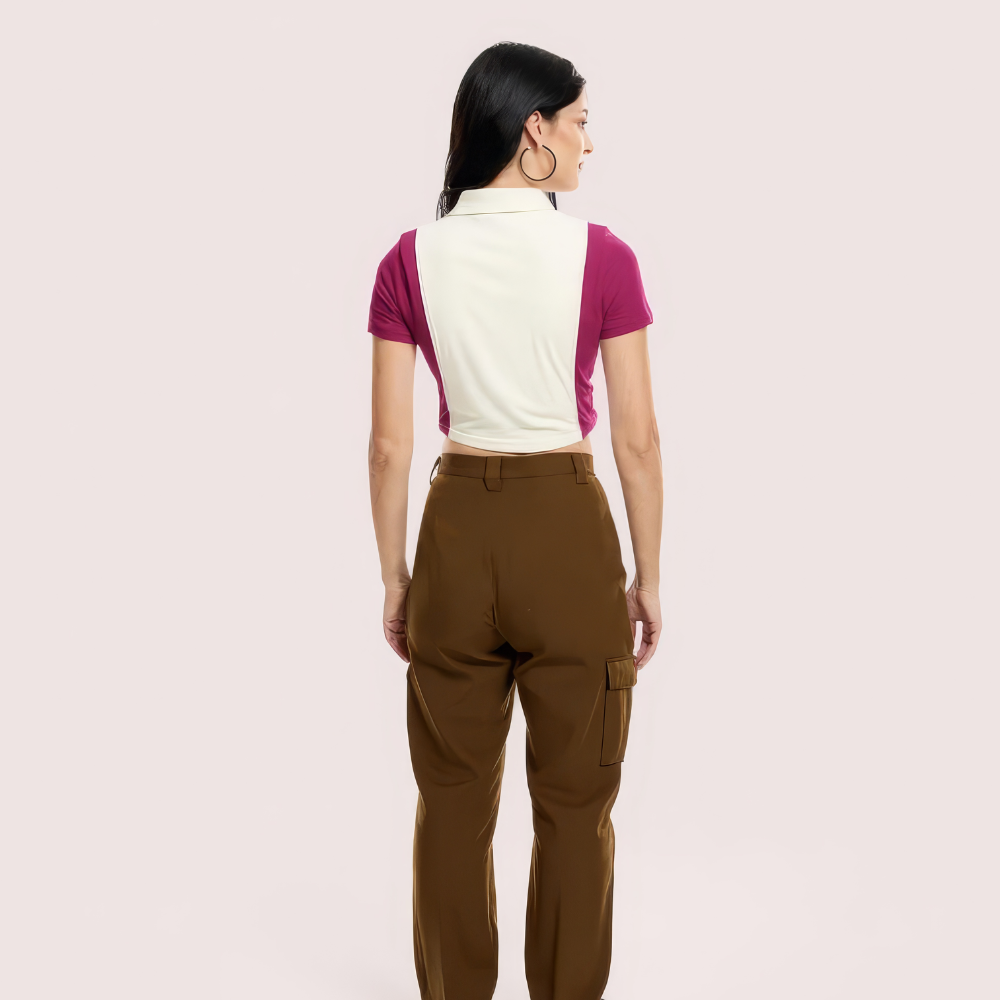 "Campus Cool" Zip Polo Crop Top – Maroon & White image 2