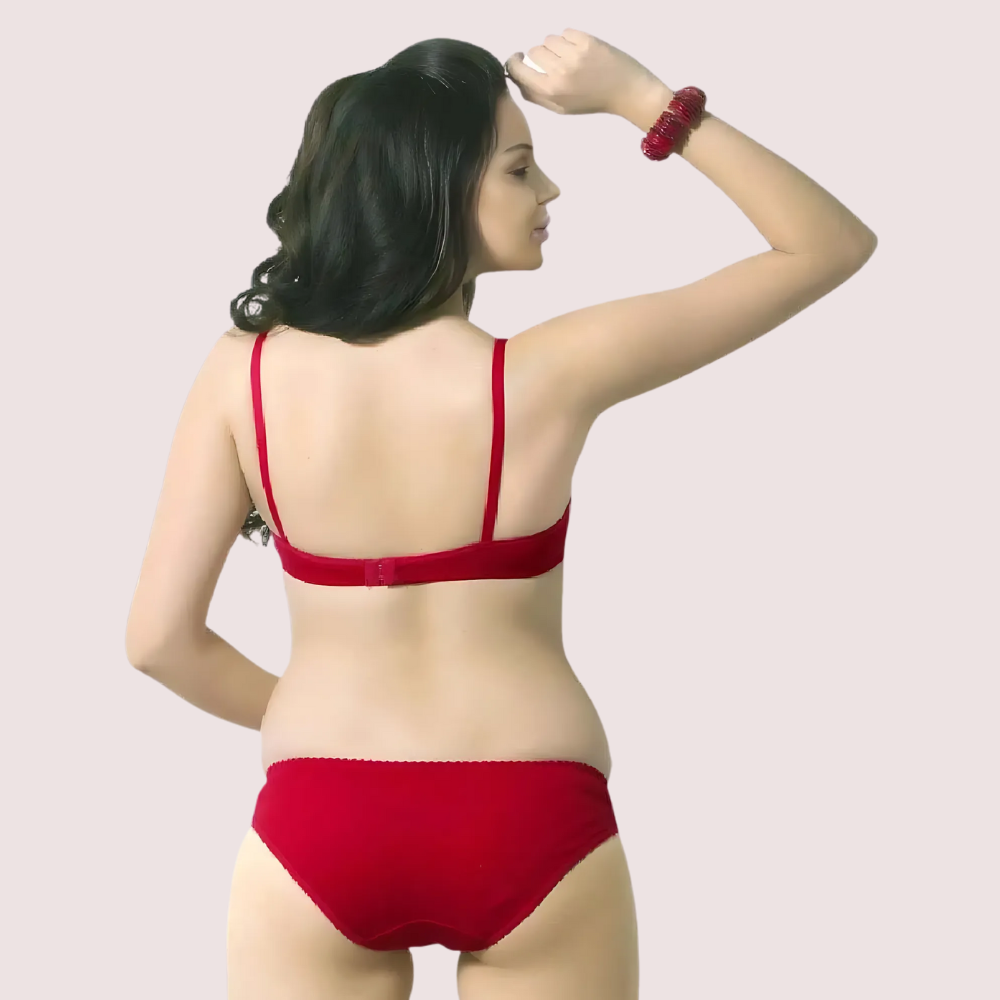 Cute Solid Red Pure Cotton Bra Panty Set image 2