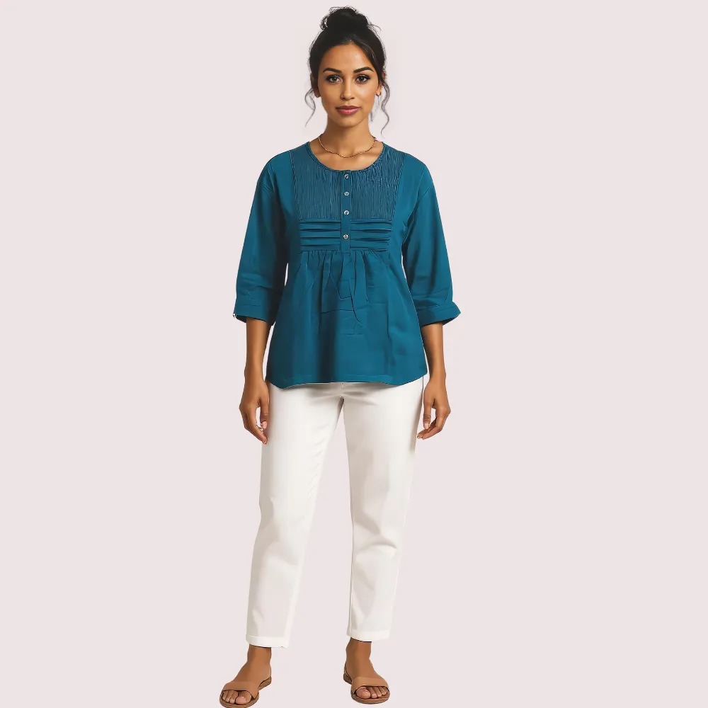 Teal Pintuck Detail Cotton Tunic Top