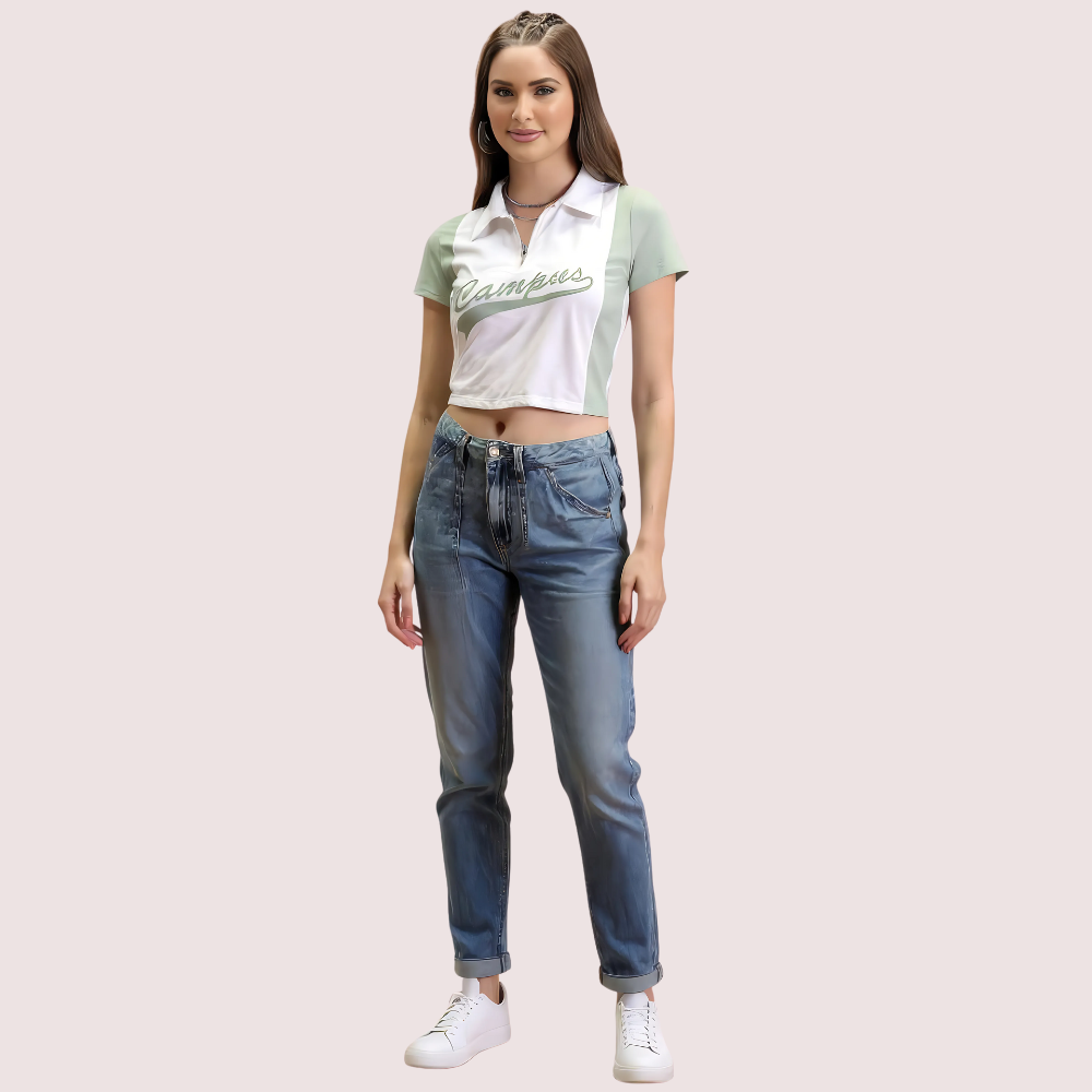 Women's Mint Green "Campus" Polo Crop Top – Casual Sporty Tee