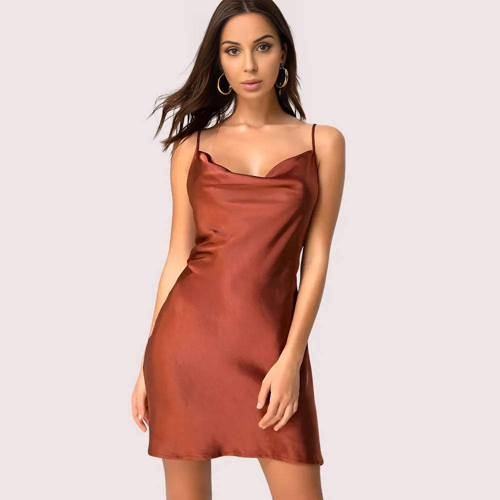 Elegant  Dark Rust Satin Slip Dress