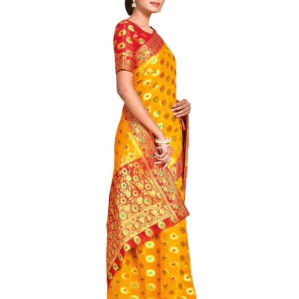 Banarasi Style Chiffon Mustard & Red Saree