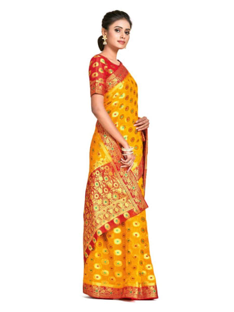 Banarasi Style Chiffon Mustard & Red Saree