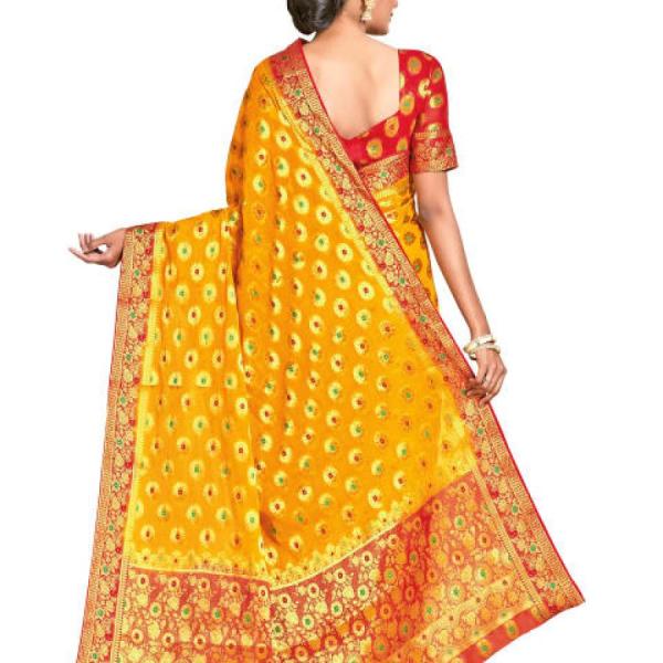 Banarasi Style Chiffon Mustard & Red Saree