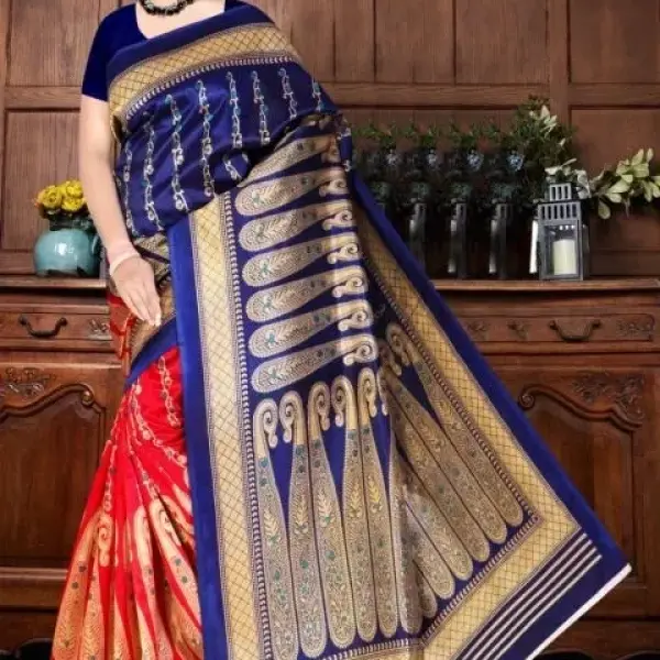 Navy Blue & Red CottonSilk Saree