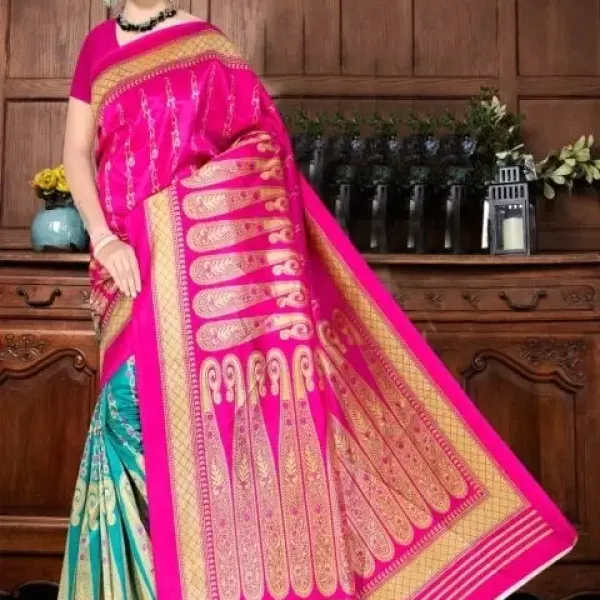 Pink & Turquoise CottonSilk Saree