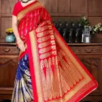 Red & Navy Blue CottonSilk Saree