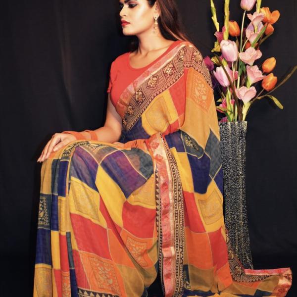 Georgette Printed Lace Border Saree