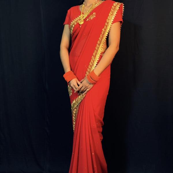 Georgette Stone Work &  Rich Lace Border Scarlet Red Saree