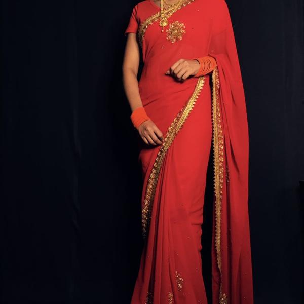 Georgette Stone Work &  Rich Lace Border Scarlet Red Saree