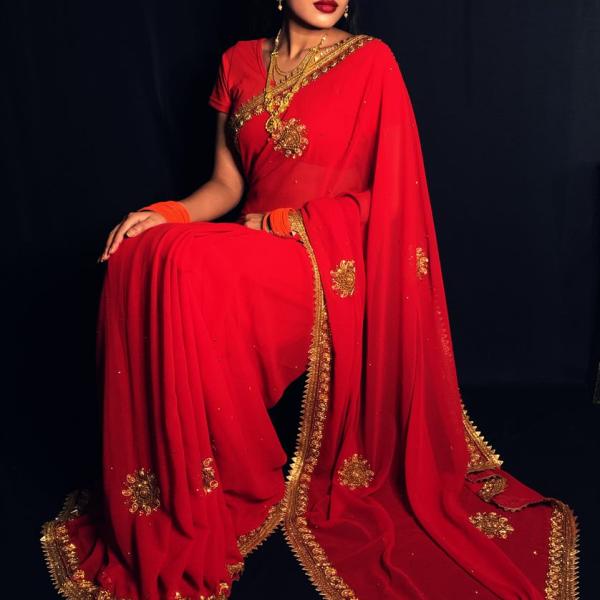 Georgette Stone Work &  Rich Lace Border Scarlet Red Saree