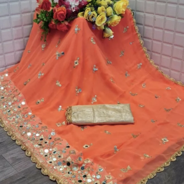 Designer Trendz Georgette Mirror Work Orange Saree