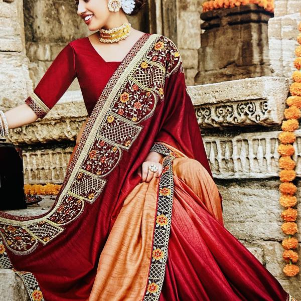 Silk Blend Fancy Party Brown & Maroon Saree