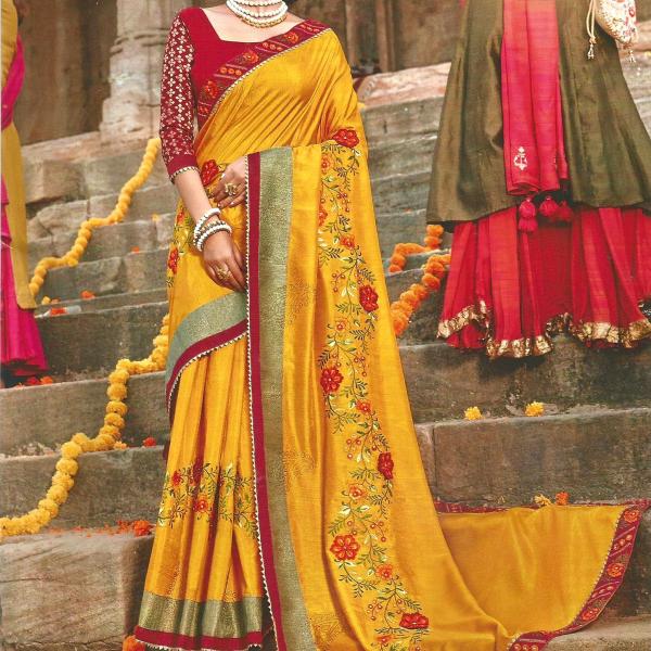 Silk Blend Fancy Party Mustard Yellow Saree