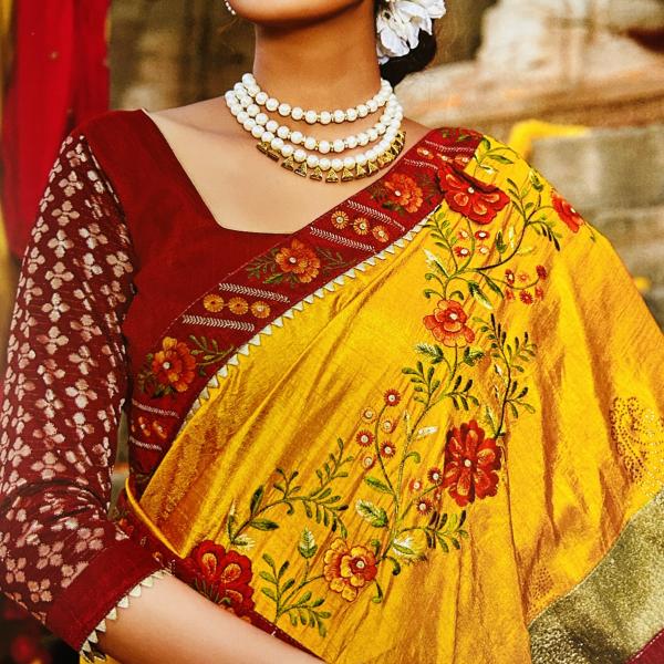 Silk Blend Fancy Party Mustard Yellow Saree