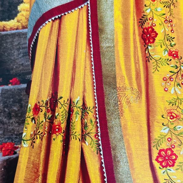 Silk Blend Fancy Party Mustard Yellow Saree