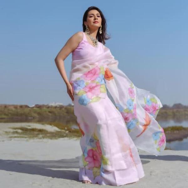 Organza Digital Print Light Pink Saree