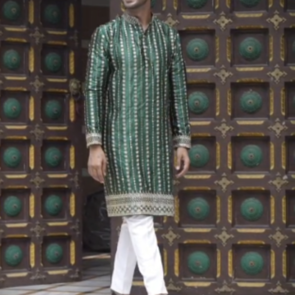 FANCY SATIN GREEN KURTA PAJAMA