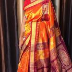 Woman Sambalpuri Bomkai Orange & Maroon Mix Silk Pata Saree with Unstitched Maroon Blouse Piece