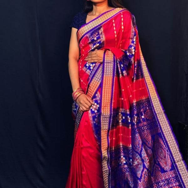 Woman Sambalpuri Bomkai Mix Silk Rani Pink & Navy Blue Pata Saree