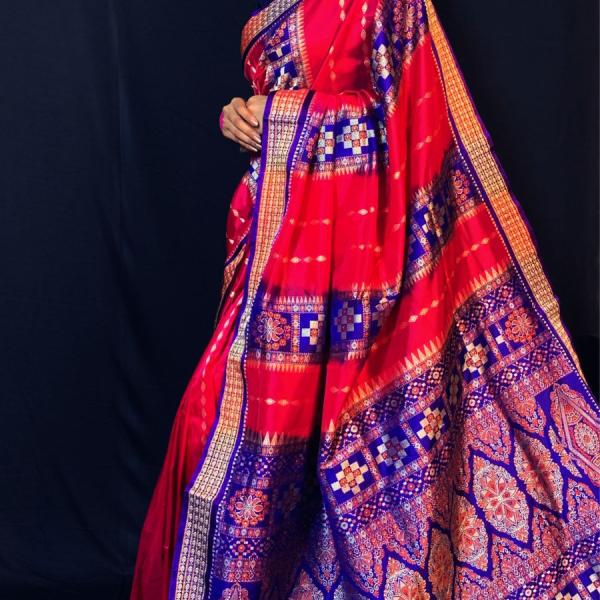 Woman Sambalpuri Bomkai Mix Silk Rani Pink & Navy Blue Pata Saree