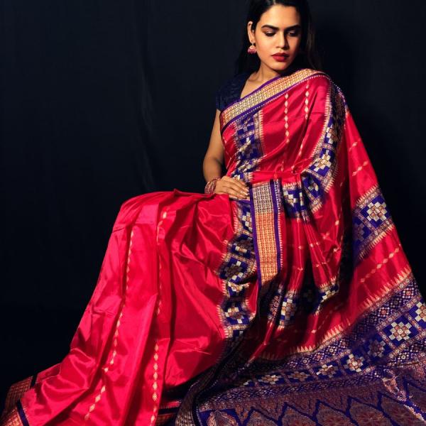 Woman Sambalpuri Bomkai Mix Silk Rani Pink & Navy Blue Pata Saree