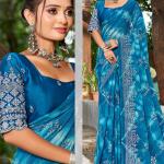 Zamato Chiffon  with Wax print & Sliver Zeri Work Saree