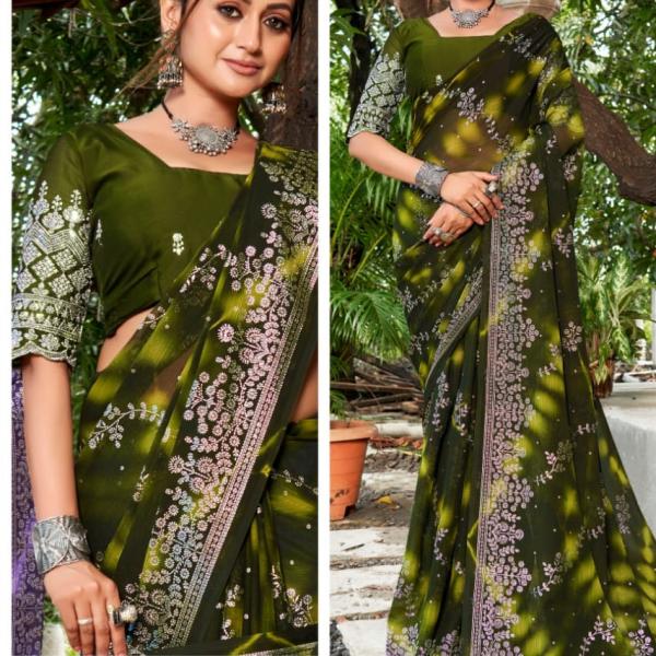 Zamato Chiffon  with Wax print & Sliver Zeri Work Saree