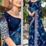 Zamato Chiffon  with Wax print & Sliver Zeri Work Saree