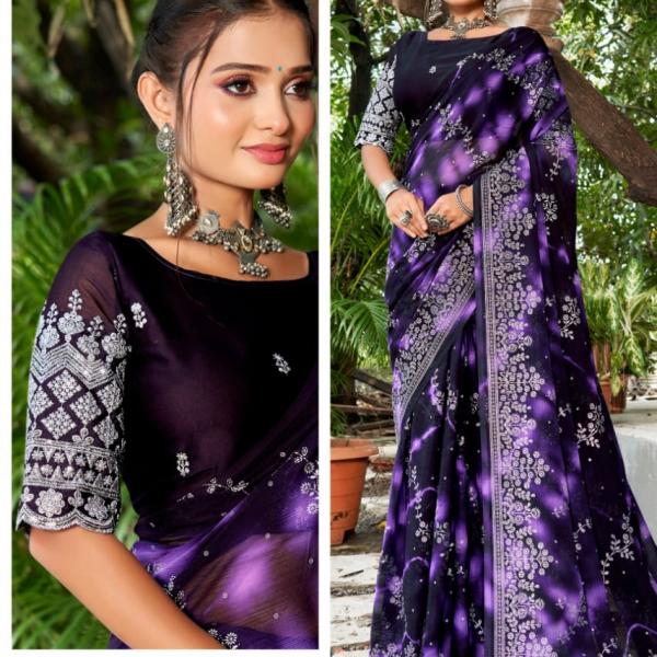 Zamato Chiffon  with Wax print & Sliver Zeri Work Saree