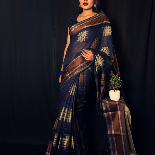 Handloom Silk Blend Navy Blue Saree with Blouse Piece