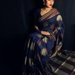 Handloom Silk Blend Navy Blue Saree with Blouse Piece